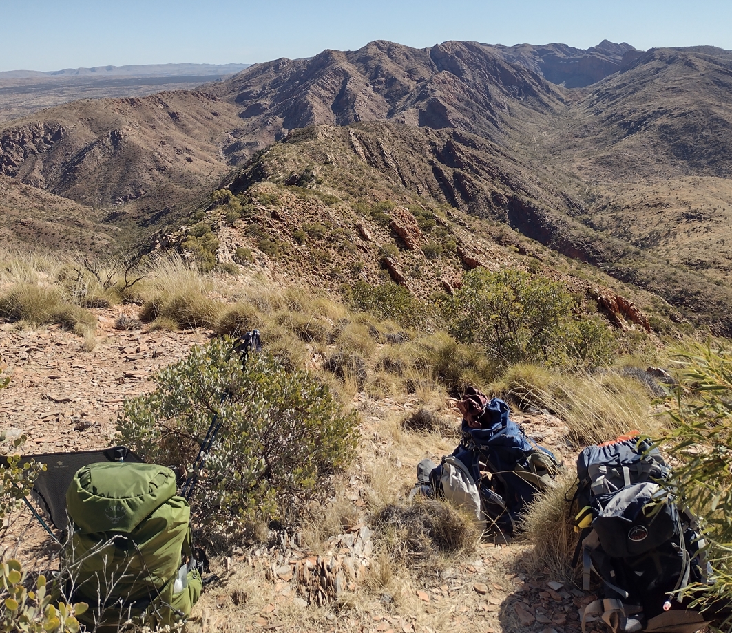 Packs strewn at the western end of Razorback Ridge