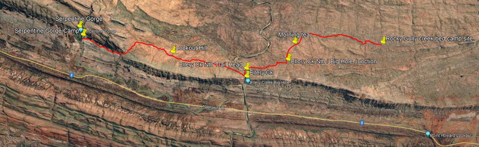 The day's hike. Rocky Gully to Serpentine Gorge.