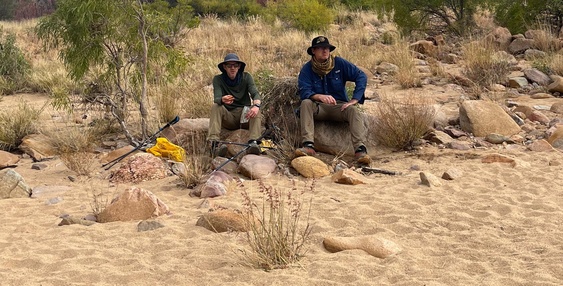Phil and I chowing down on some morning tea. Me without shades for the first time on the trail.