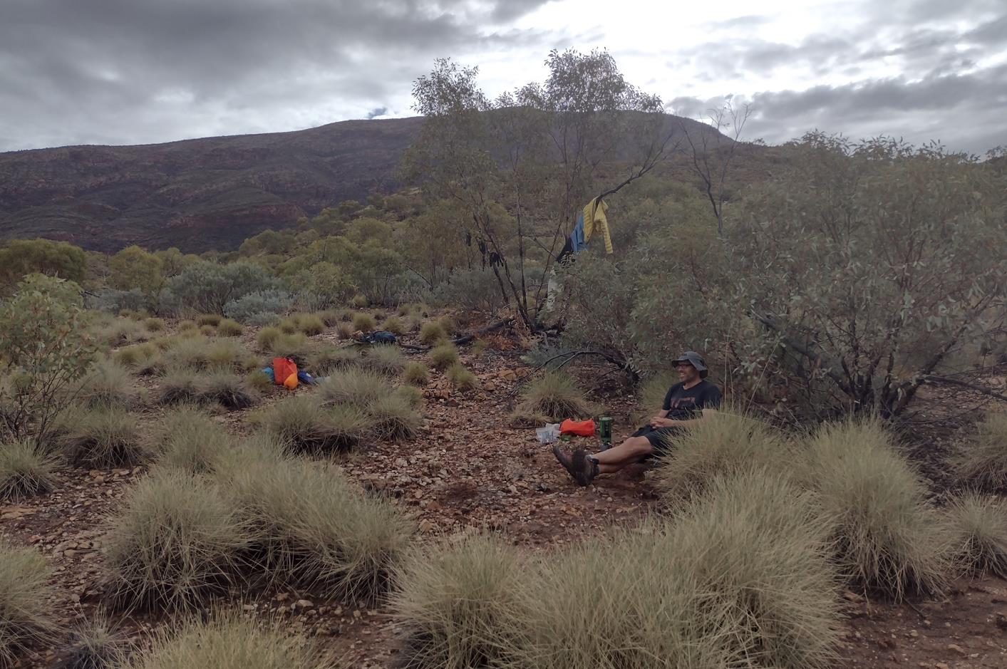 Fraser waiting for us to catch up. Gear spread out to air and dry. Sonder in the background.