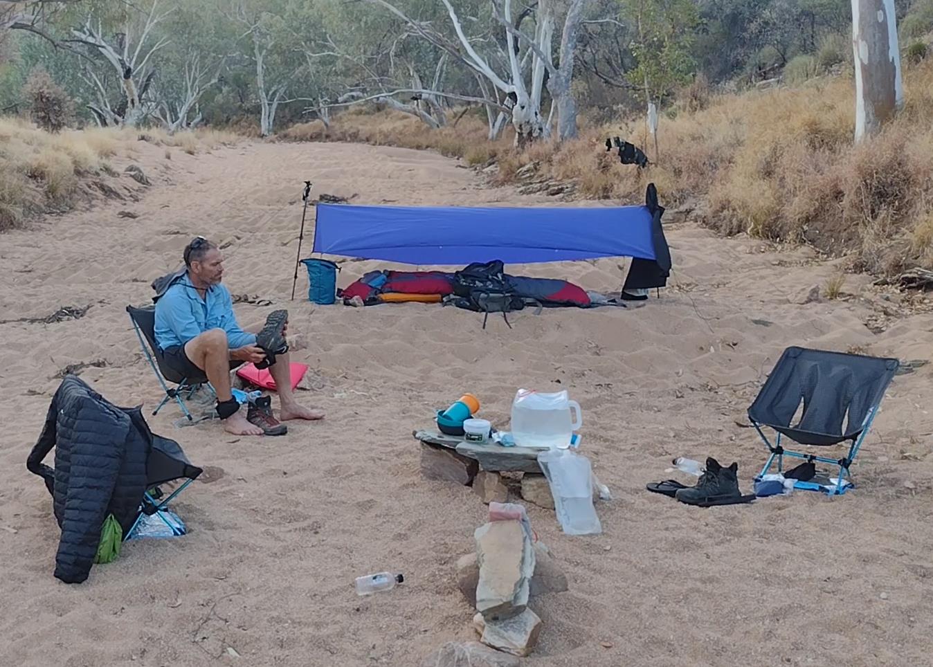 Fraser in camp. Some bespoke kitchen furniture had helpfully already been laid out for us.