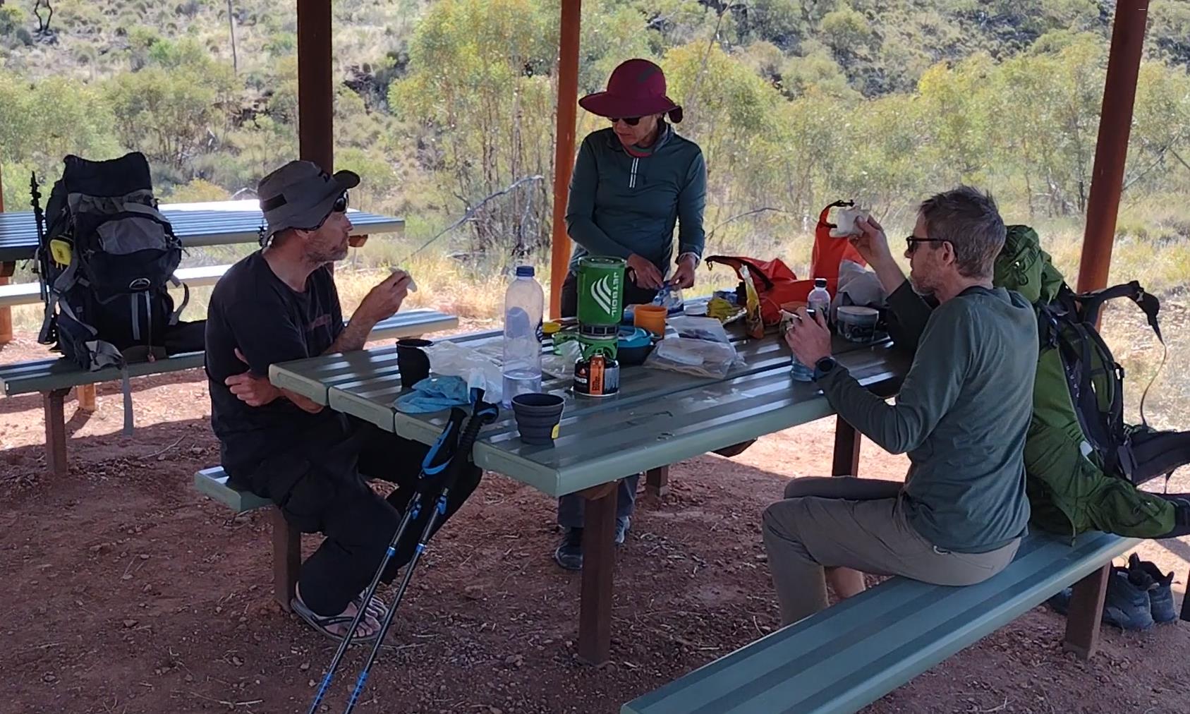 Our last lunch on the trail. Waiting for the bus at Redbank Gorge.